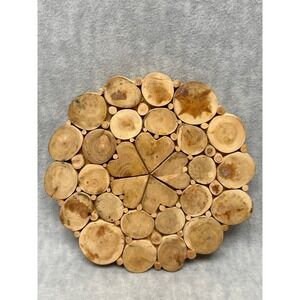 Handcrafted Wood Slice Trivet 8 in Brown Excellent Rustic Heart Motif Hot Pad